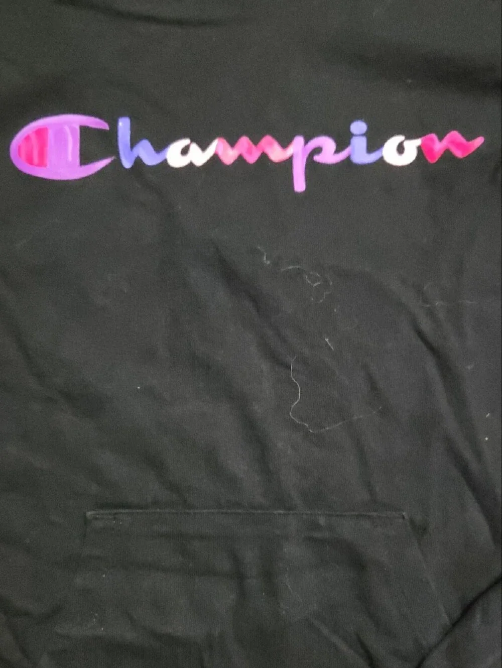 Champion Black Hoodie with Pink and Purple Script Logo